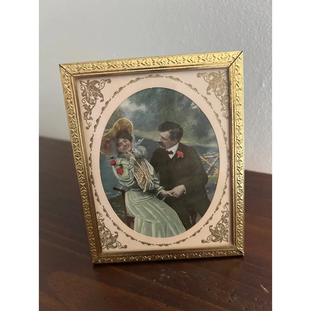 Vintage Gold Tone Filigree Miniature Picture Frame Victorian Style Couple Art